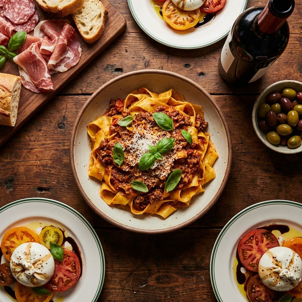 Delicious Italian food on a rustic table